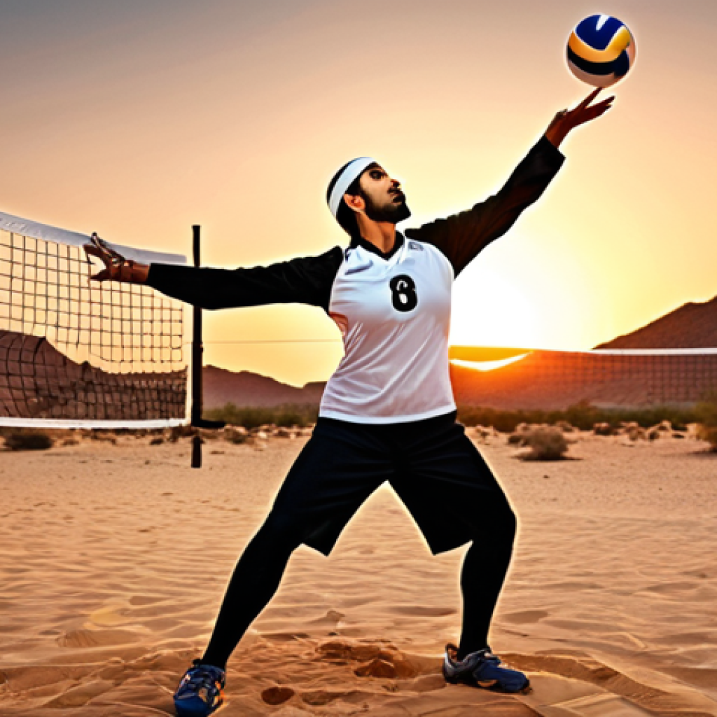 **

"Volleyball player in dynamic serve motion, focusing on controlled ball toss and powerful arm swing, desert sunset background, emphasizing skill and precision, Arabic calligraphy elements subtly incorporated, action shot."

**