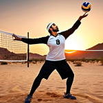 **

"Volleyball player in dynamic serve motion, focusing on controlled ball toss and powerful arm swing, desert sunset background, emphasizing skill and precision, Arabic calligraphy elements subtly incorporated, action shot."

**
