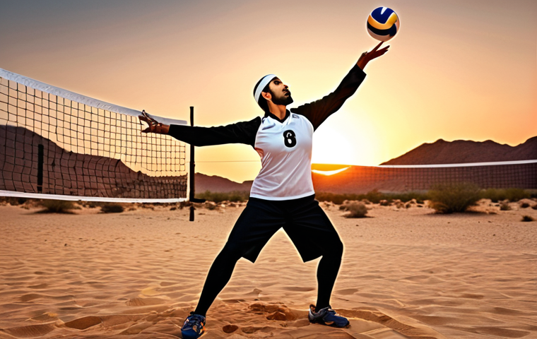 **
"Volleyball player in dynamic serve motion, focusing on controlled ball toss and powerful arm swing, desert sunset background, emphasizing skill and precision, Arabic calligraphy elements subtly incorporated, action shot."
**