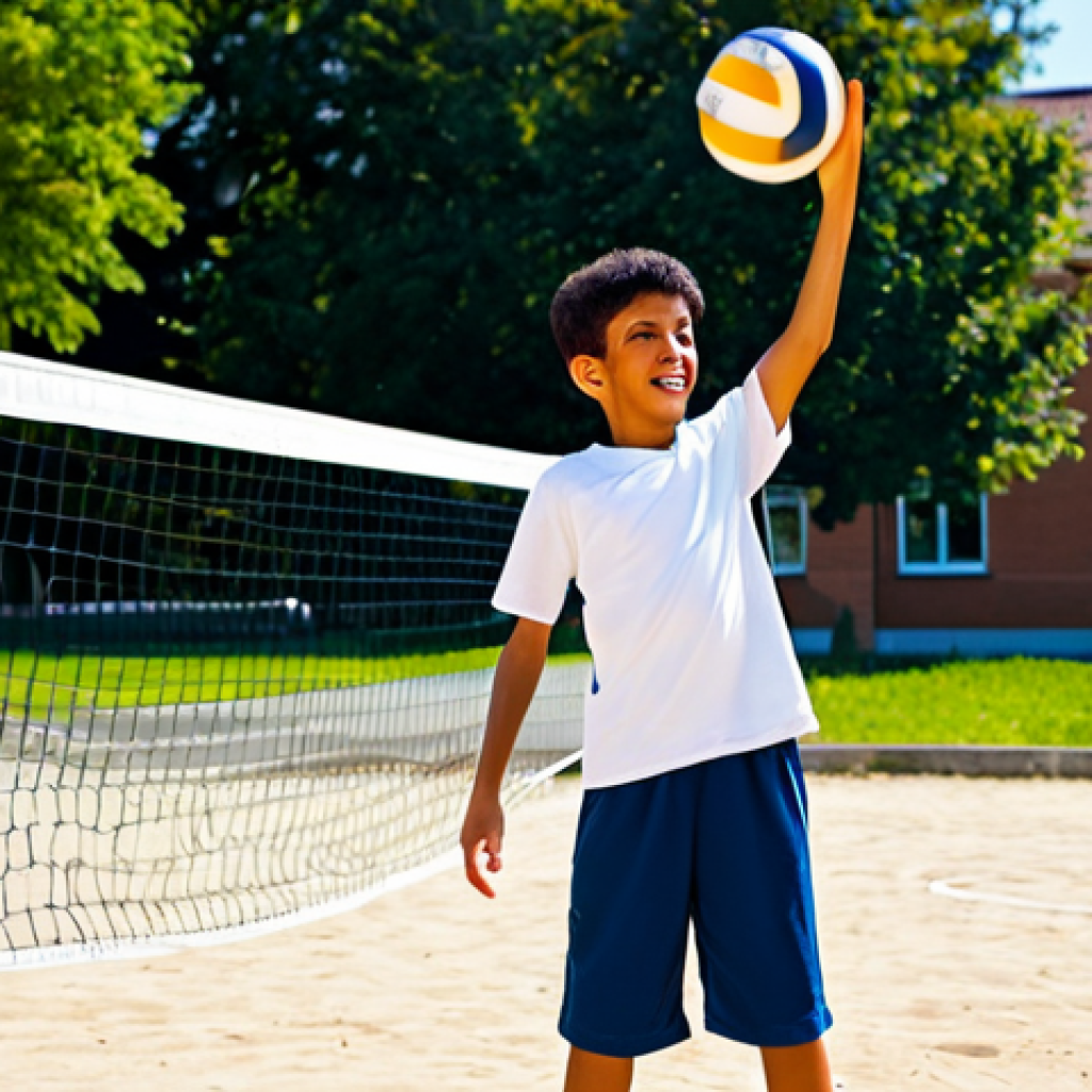 A determined young boy, approximately 10 years old, fully clothed in modest, comfortable sportswear (a plain t-shirt and track pants), enthusiastically attempting to spike a volleyball in a sunlit, slightly worn schoolyard. He is mid-jump, eyes intensely focused on the ball, showcasing pure youthful passion and a natural, energetic pose. The background features a simple, slightly faded volleyball net and the humble school building. Professional photography, high quality, vibrant colors, clear focus, safe for work, appropriate content, fully clothed, family-friendly, perfect anatomy, correct proportions, natural pose, well-formed hands, proper finger count, natural body proportions.
