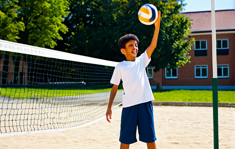 A determined young boy, approximately 10 years old, fully clothed in modest, comfortable sportswear (a plain t-shirt and track pants), enthusiastically attempting to spike a volleyball in a sunlit, slightly worn schoolyard. He is mid-jump, eyes intensely focused on the ball, showcasing pure youthful passion and a natural, energetic pose. The background features a simple, slightly faded volleyball net and the humble school building. Professional photography, high quality, vibrant colors, clear focus, safe for work, appropriate content, fully clothed, family-friendly, perfect anatomy, correct proportions, natural pose, well-formed hands, proper finger count, natural body proportions.