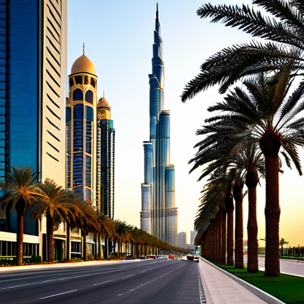 Modern Architecture**

"A breathtaking view of a modern skyscraper in Dubai at sunset, reflecting golden light, with the Burj Khalifa subtly in the background, palm trees lining the street, high-resolution, professional architecture photography, safe for work, appropriate content, fully clothed, family-friendly, perfect composition."

**