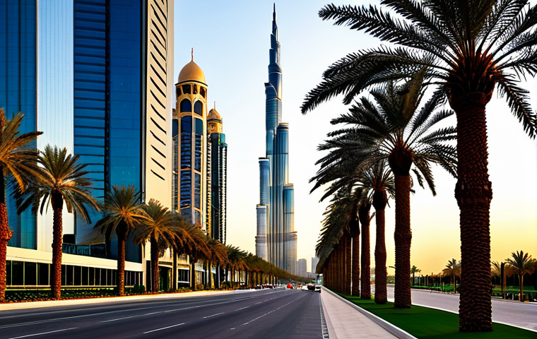 Modern Architecture**

"A breathtaking view of a modern skyscraper in Dubai at sunset, reflecting golden light, with the Burj Khalifa subtly in the background, palm trees lining the street, high-resolution, professional architecture photography, safe for work, appropriate content, fully clothed, family-friendly, perfect composition."

**