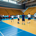 **

"A professional volleyball team practicing on an indoor court, fully clothed in modest sportswear, focusing on teamwork and skill development. The background shows spectators cheering respectfully. Safe for work, appropriate content, family-friendly, professional photography, perfect anatomy, correct proportions, natural pose."

**