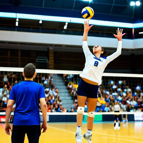 Home 25 Action Shot**
"A dynamic volleyball match poster. A fully clothed female volleyball player is mid-air, spiking the ball with power and determination. Other players in modest sports attire are in defensive positions. The background is a vibrant volleyball court with cheering fans blurred in the stands. Energetic lighting, professional sports photography, high resolution, perfect anatomy, correct proportions, safe for work, appropriate content, fully clothed, family-friendly."
**
