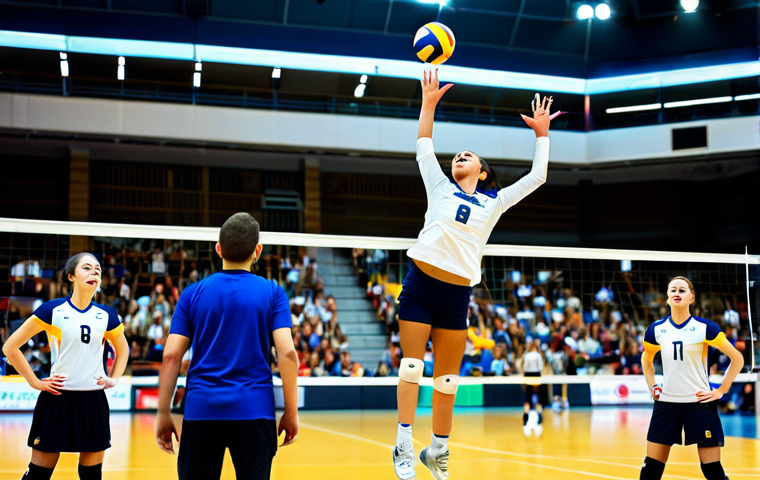 Action Shot**
"A dynamic volleyball match poster. A fully clothed female volleyball player is mid-air, spiking the ball with power and determination. Other players in modest sports attire are in defensive positions. The background is a vibrant volleyball court with cheering fans blurred in the stands. Energetic lighting, professional sports photography, high resolution, perfect anatomy, correct proportions, safe for work, appropriate content, fully clothed, family-friendly."
**