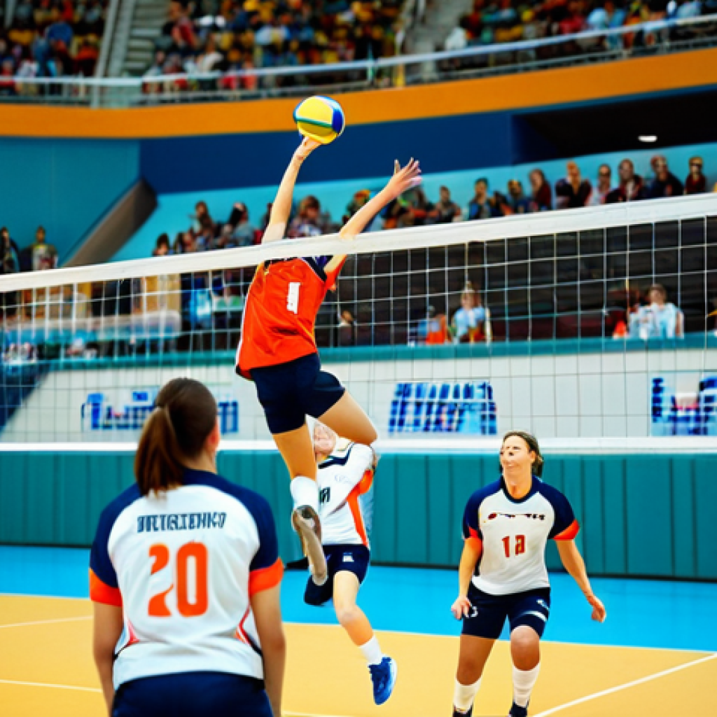 배구 경기에서의 심리적 압박 - **Image Prompt:** "A dynamic volleyball team in action, players in mid-jump executing a spike, fully...
