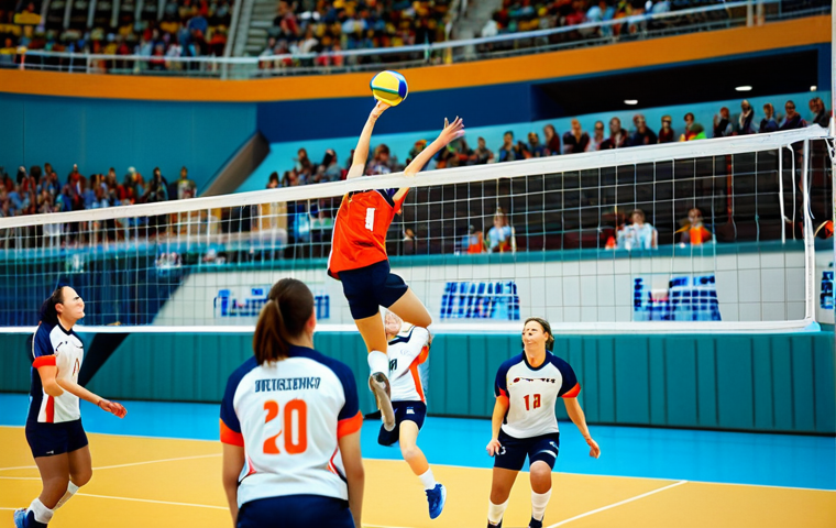 배구 경기에서의 심리적 압박 - **Image Prompt:** "A dynamic volleyball team in action, players in mid-jump executing a spike, fully...