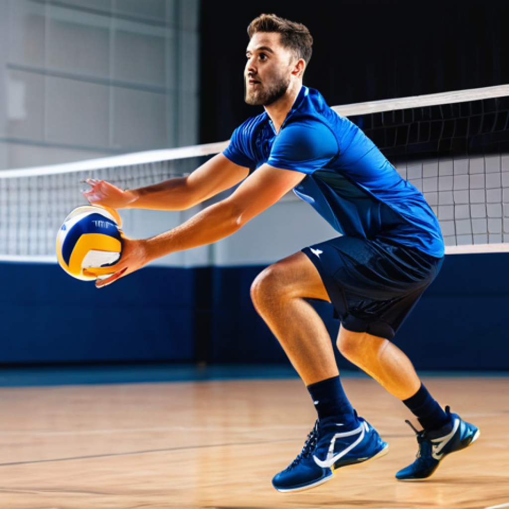 배구 관련 인기 상품 - **Prompt:** A dynamic, full-body action shot of a male professional volleyball player (age 25-30) in...