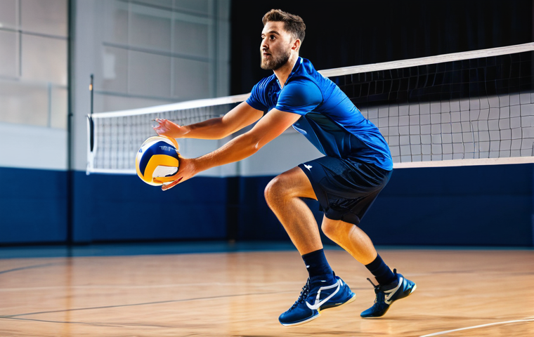 배구 관련 인기 상품 - **Prompt:** A dynamic, full-body action shot of a male professional volleyball player (age 25-30) in...