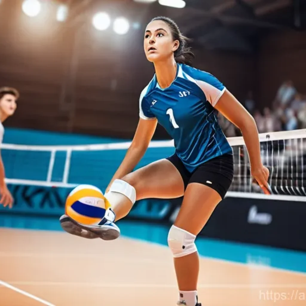 배구 관련 필수 보험 정보 - **Prompt:** A dynamic shot of a male or female volleyball player, mid-air after a powerful spike, la...