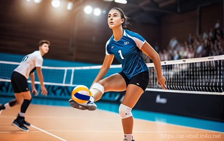 배구 관련 필수 보험 정보 - **Prompt:** A dynamic shot of a male or female volleyball player, mid-air after a powerful spike, la...