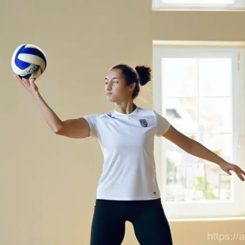 배구 훈련 기구 DIY - **Image Prompt 1: Home Volleyball Wall Practice**
A determined young woman, in her early twentie...