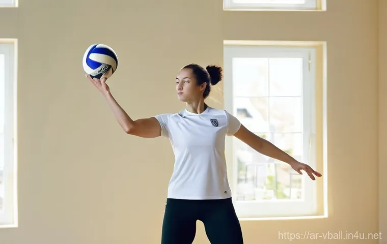 배구 훈련 기구 DIY - **Image Prompt 1: Home Volleyball Wall Practice**
    A determined young woman, in her early twentie...