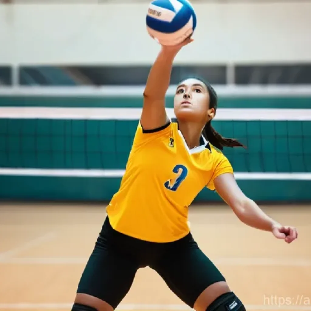 배구 경기 중 손목 보호 - **Prompt:** A dynamic, close-up shot of a female volleyball player in a well-lit indoor court, mid-a...