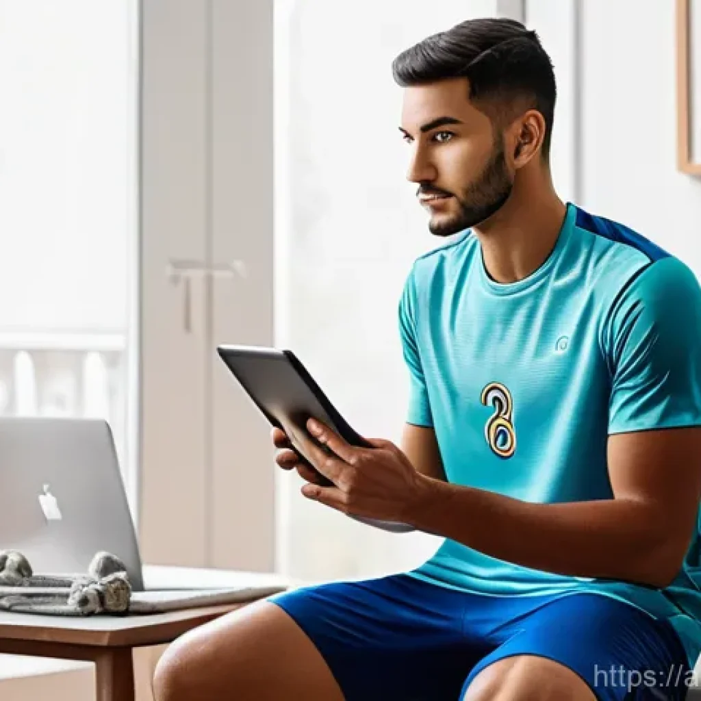 배구 관련 온라인 강의 - A young male volleyball player, of Arab descent, is intensely focused on an online training session ...