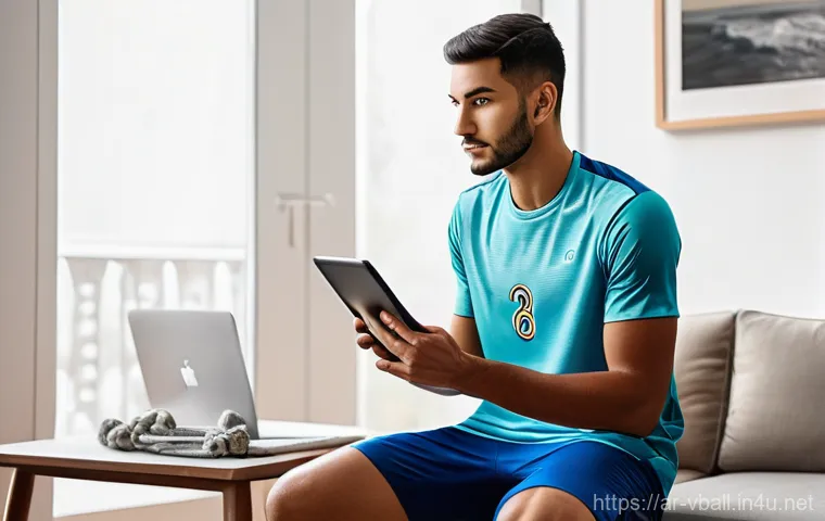 배구 관련 온라인 강의 - A young male volleyball player, of Arab descent, is intensely focused on an online training session ...