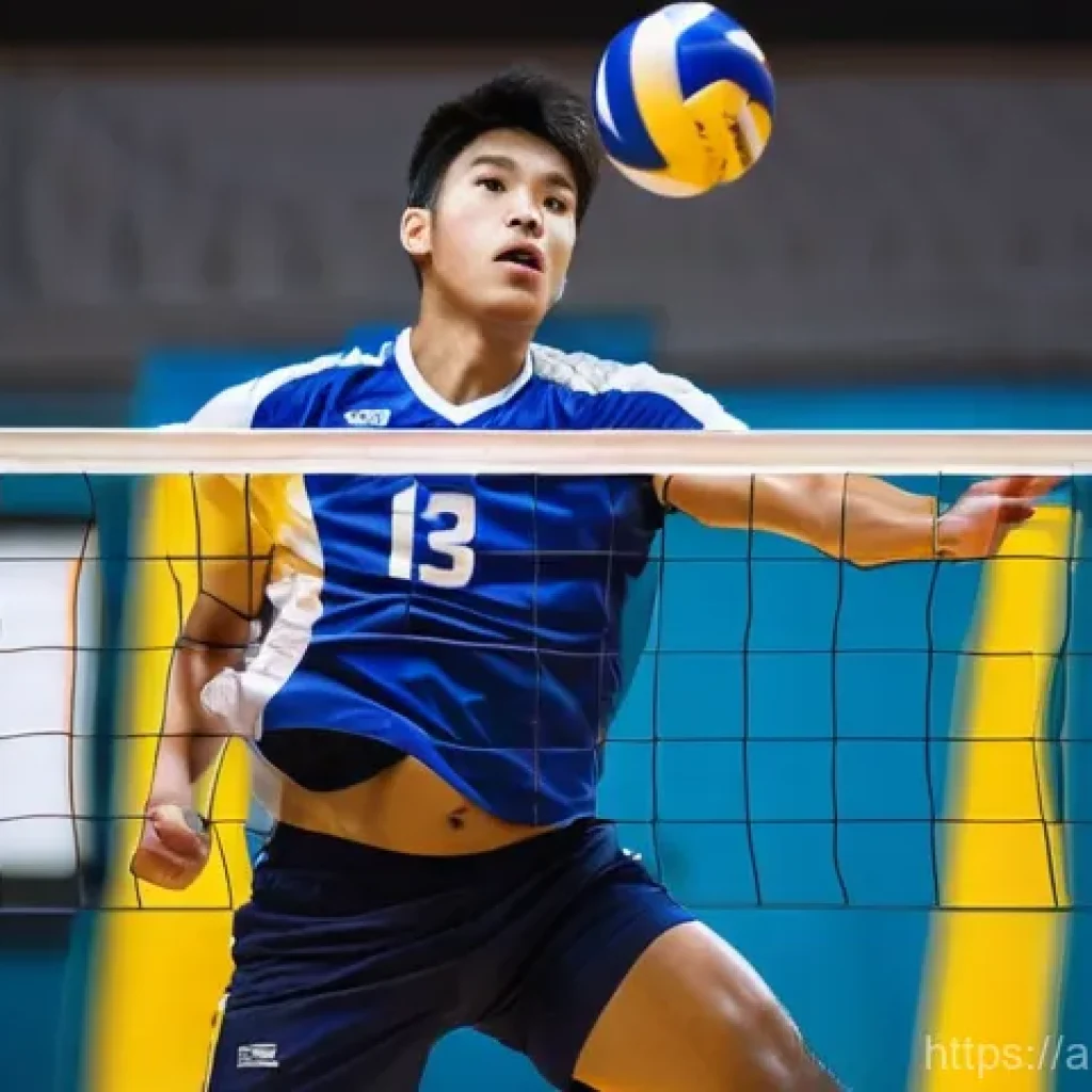 배구 코칭 철학과 원칙 - **Prompt:** "A male volleyball player, aged 18-22, in a dynamic mid-air action shot during a high-st...