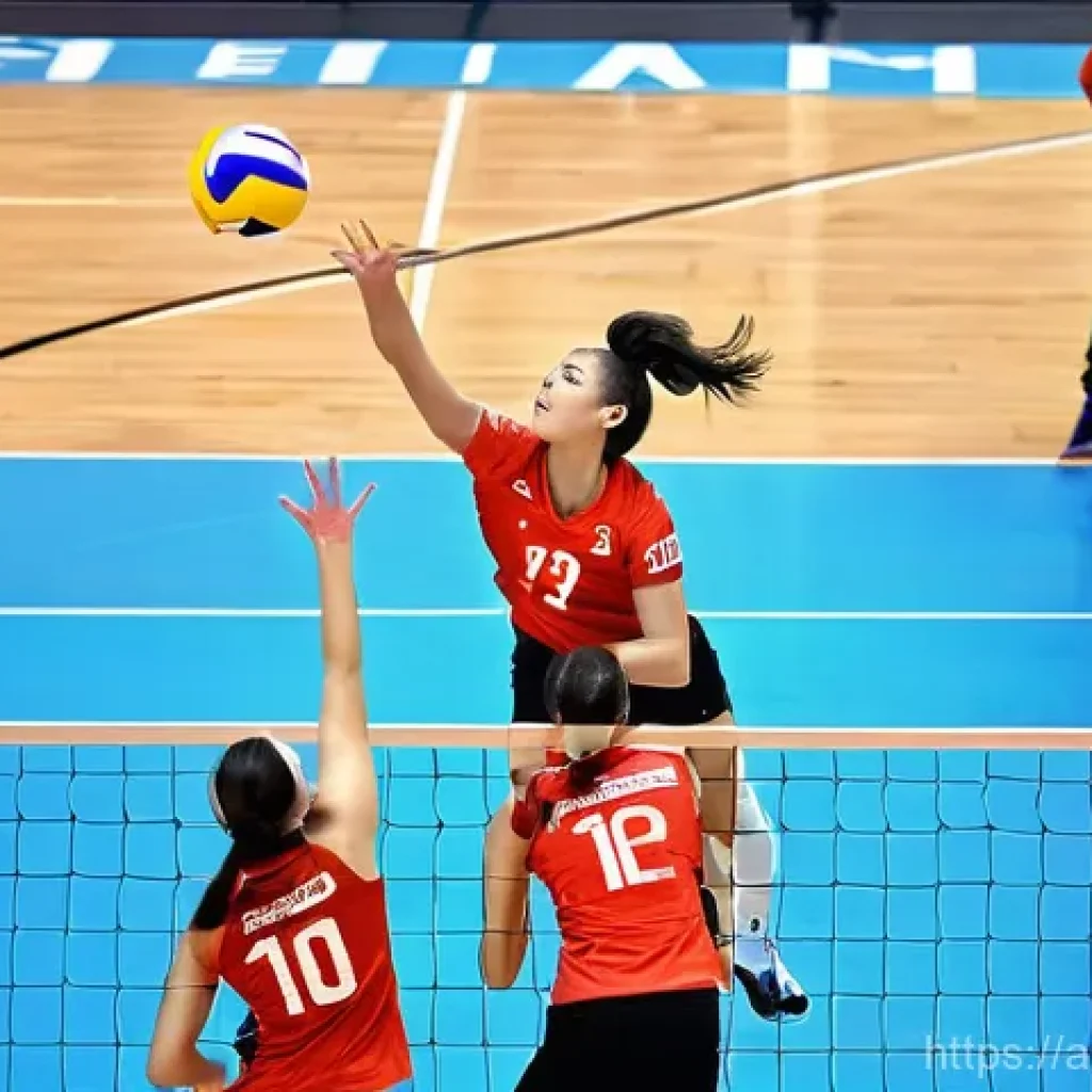 배구 규칙 해설서 - **Dynamic Volleyball Match Action**
A high-energy, wide-angle shot of a professional indoor voll...