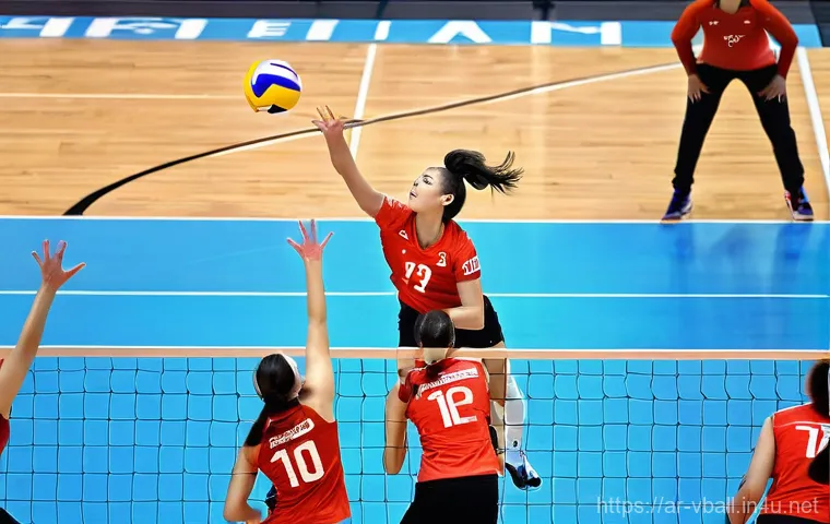 배구 규칙 해설서 - **Dynamic Volleyball Match Action**
A high-energy, wide-angle shot of a professional indoor voll...