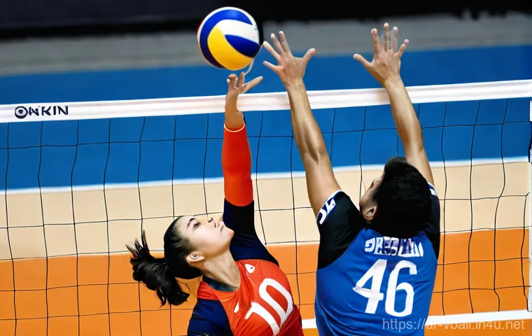 배구 규칙 해설서 - **Dynamic Volleyball Match Action**
    A high-energy, wide-angle shot of a professional indoor voll...