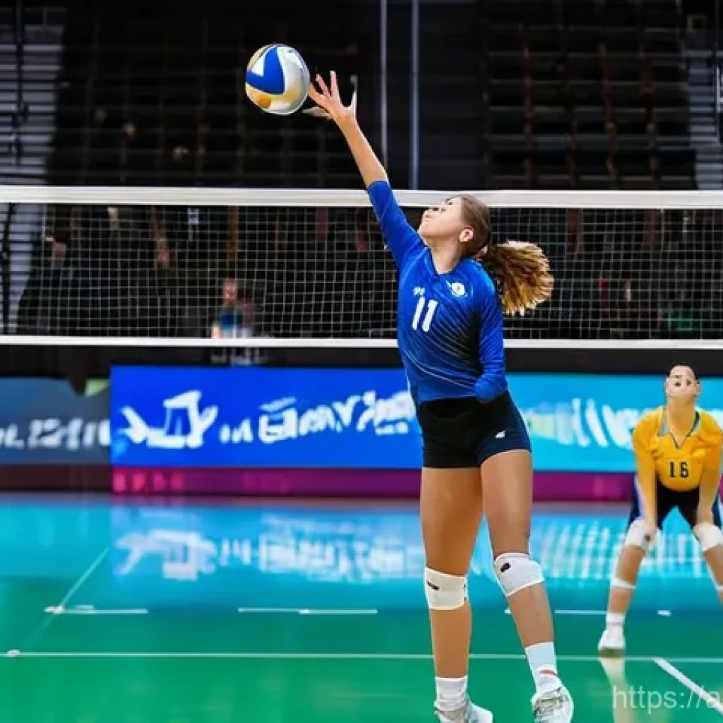 배구 국제 규정 개정 사항 - **Prompt**: A dynamic, intense indoor volleyball scene featuring a female setter in mid-air, executi...