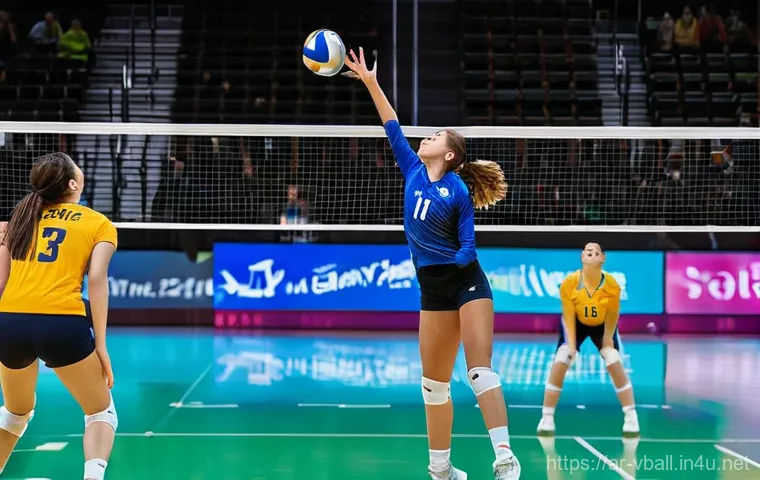 배구 국제 규정 개정 사항 - **Prompt**: A dynamic, intense indoor volleyball scene featuring a female setter in mid-air, executi...