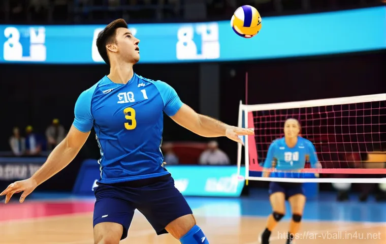 배구 국제 규정 개정 사항 - **Prompt**: A dynamic, intense indoor volleyball scene featuring a female setter in mid-air, executi...