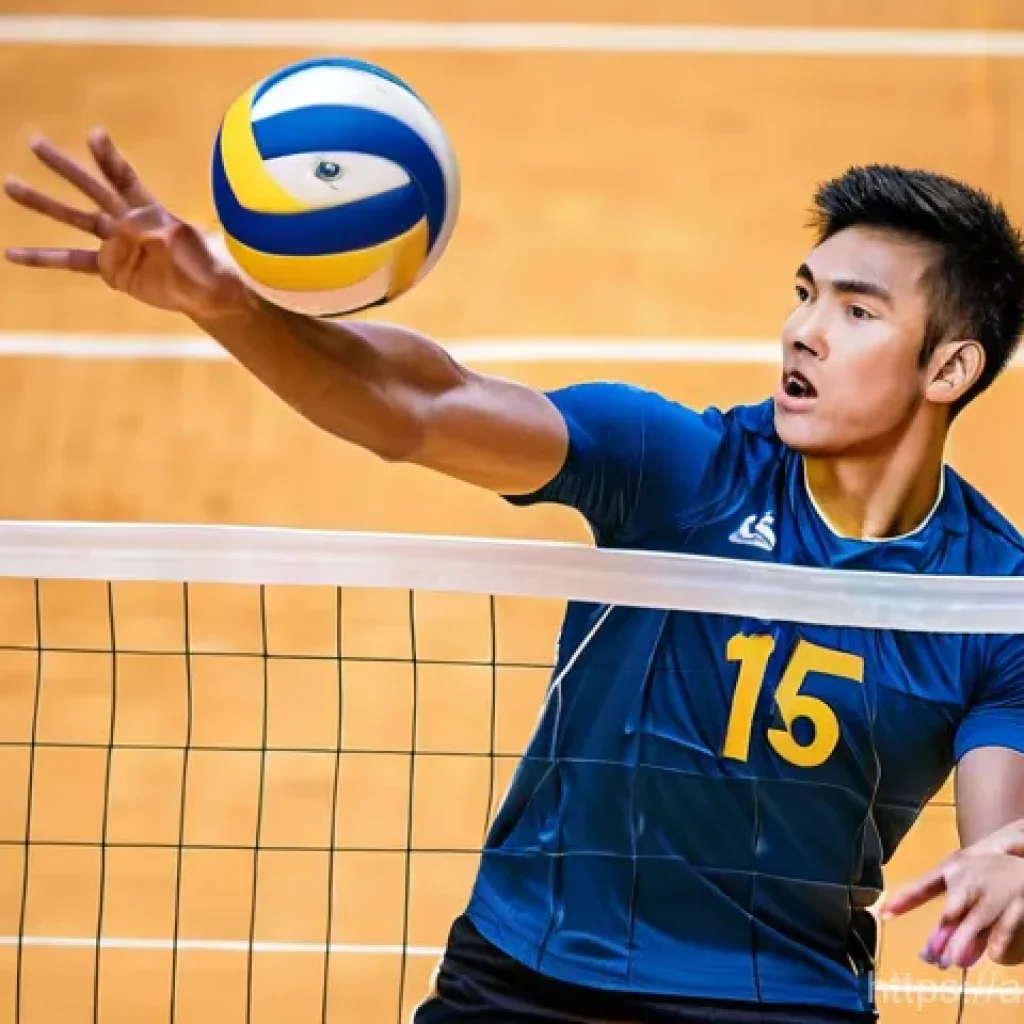 배구 경기 전 필수 준비물 - **Volleyball Player in Mid-Air Spike:**
"A strong, athletic male volleyball player, fully clothe...