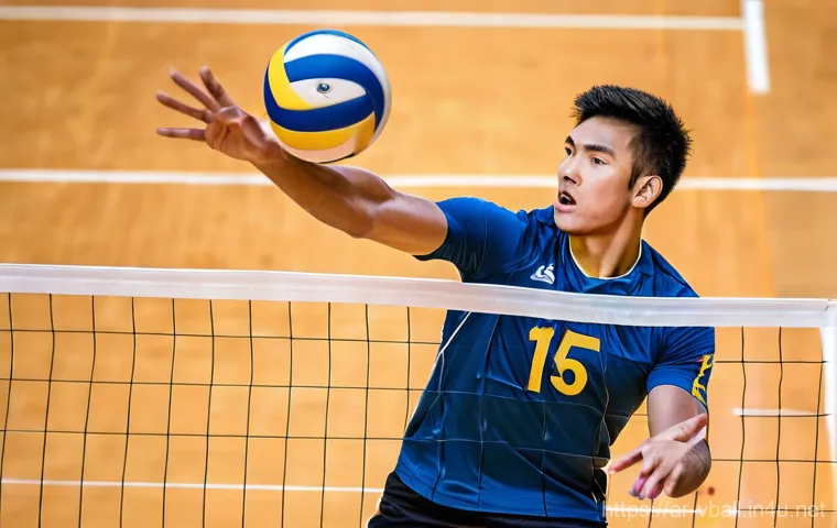 배구 경기 전 필수 준비물 - **Volleyball Player in Mid-Air Spike:**
"A strong, athletic male volleyball player, fully clothe...