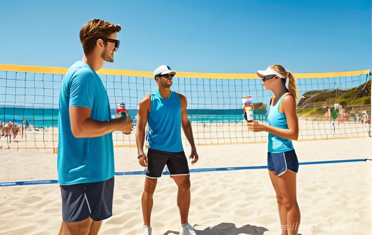 비치발리볼 용품 - **Team Setting Up a Durable Beach Volleyball Net:** Two male and one female young adults are diligen...