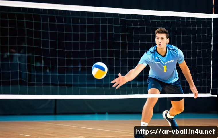 배구 규칙 시험 준비 - **Dynamic Volleyball Save (New Double Touch Rule):** A high-action shot of a male volleyball player ...