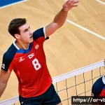 배구 경기에서의 의사소통 - **Prompt:** A dynamic, high-angle shot capturing an intense moment during a professional volleyball ...