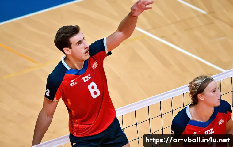 배구 경기에서의 의사소통 - **Prompt:** A dynamic, high-angle shot capturing an intense moment during a professional volleyball ...