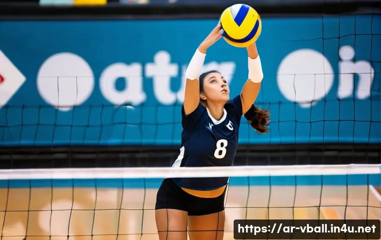 배구 경기 중 스킬 향상 - **A dynamic, action-shot of a young adult female volleyball player executing a powerful jump serve.*...