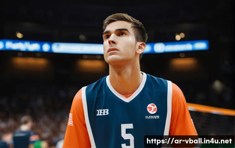 배구 경기 중 심리적 압박 다루는 법 - **"A male volleyball player, aged 18-22, stands on a professional indoor volleyball court in a pivot...