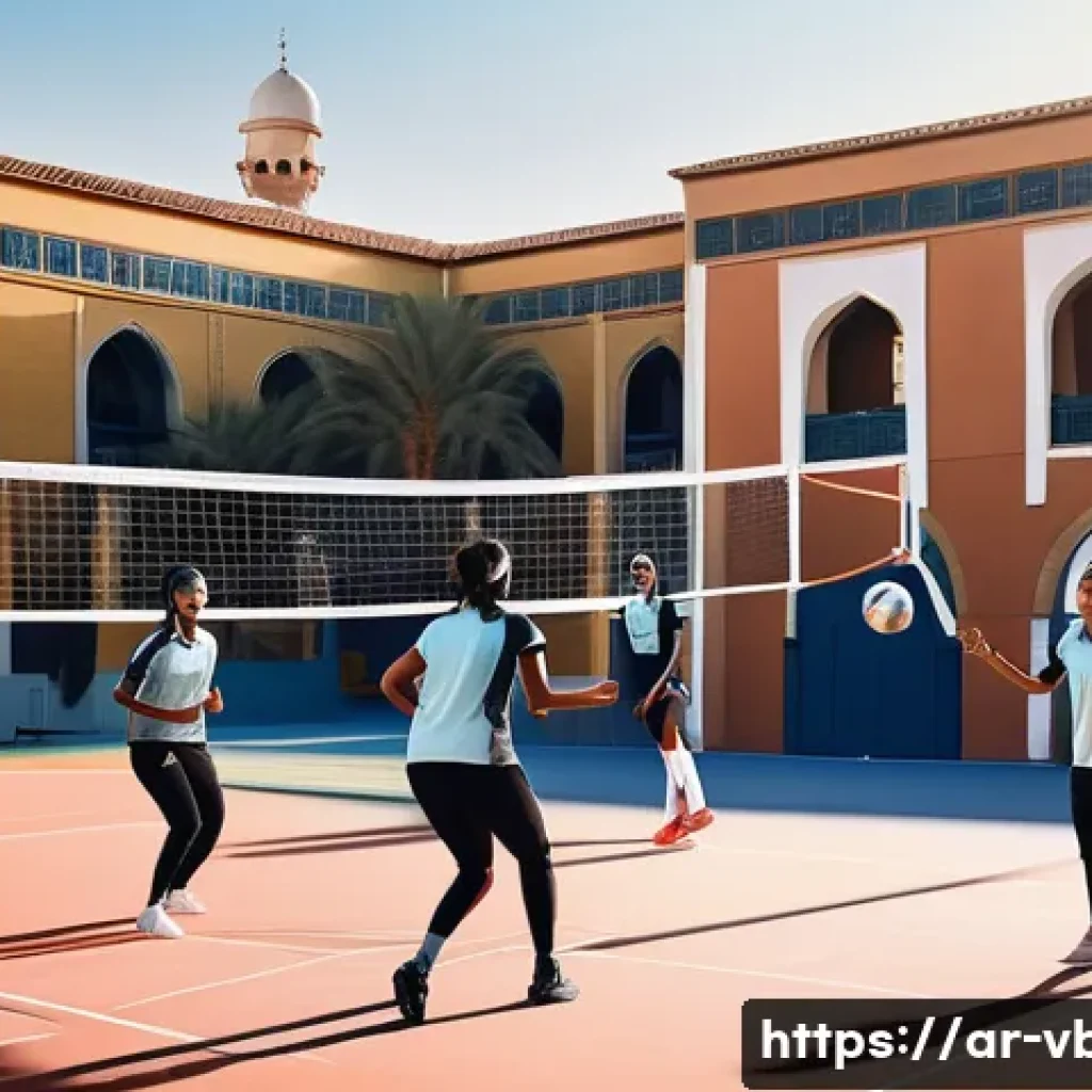 배구 관련 글로벌 트렌드 - A dynamic scene of a diverse Arab women's volleyball team practicing on an outdoor court during gold...