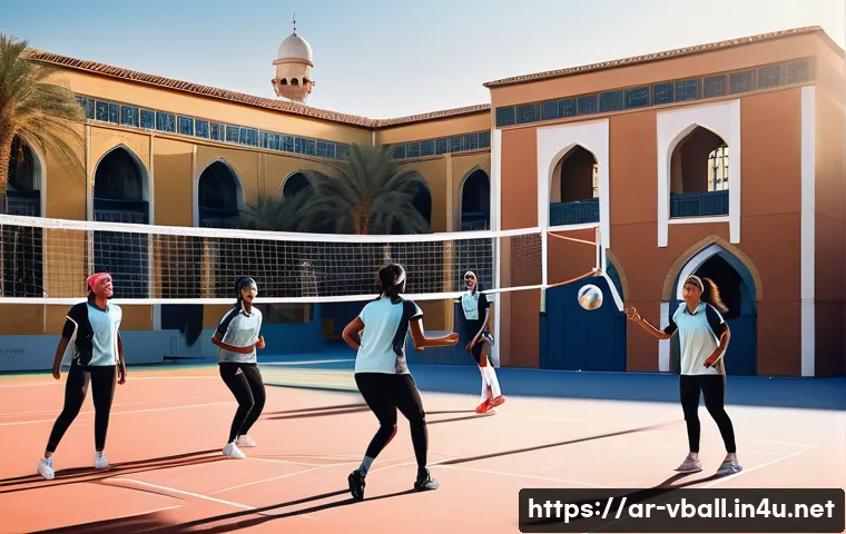 배구 관련 글로벌 트렌드 - A dynamic scene of a diverse Arab women's volleyball team practicing on an outdoor court during gold...