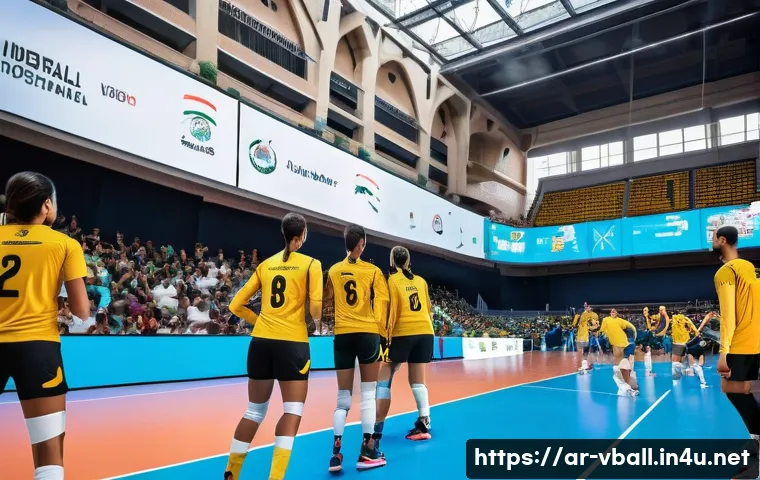 배구 경기 중 효율적인 작전 활용 - A dynamic volleyball match scene set in a modern indoor stadium filled with enthusiastic Arabic-spea...