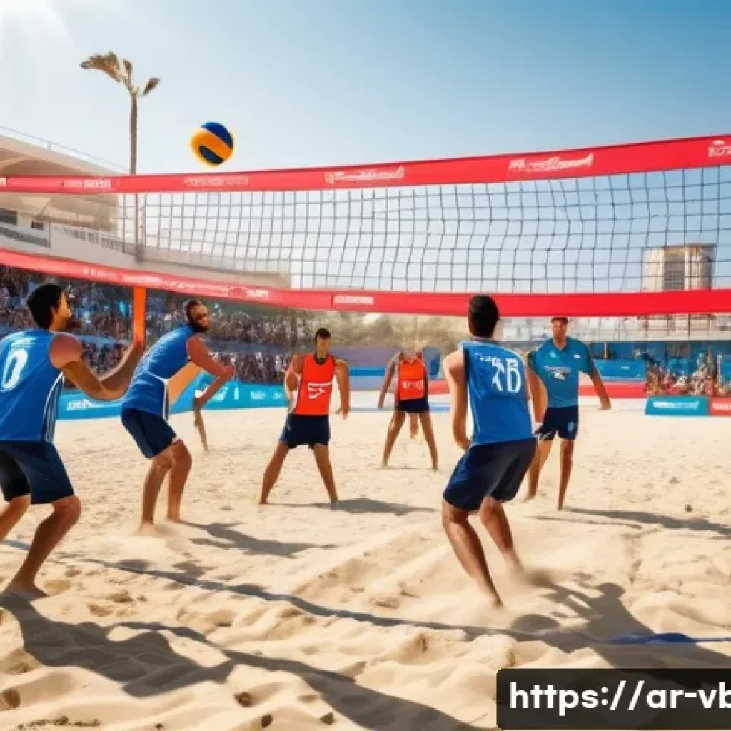 배구의 매력적인 요소 - A dynamic beach volleyball scene featuring a diverse group of six players on each side, all wearing ...