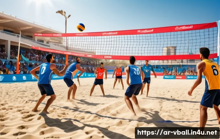 배구의 매력적인 요소 - A dynamic beach volleyball scene featuring a diverse group of six players on each side, all wearing ...