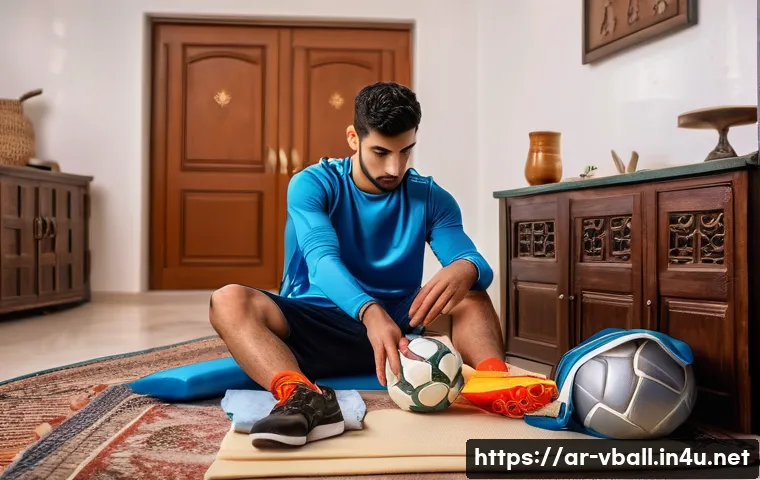 배구 경기 전날 체크리스트 - A detailed scene showing a young Arab male athlete preparing for a soccer match in a traditional Mid...