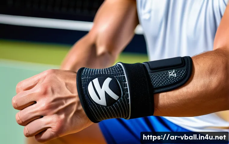 배구 서포터 착용법 - A close-up, detailed image of a professional male athlete&rsquo;s wrist wearing a high-support neoprene wr...