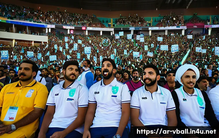 배구 경기 관람 매너 - A vibrant scene inside a volleyball stadium filled with enthusiastic Arab fans dressed in comfortabl...