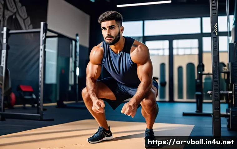 배구 근력 강화 운동 - A Middle Eastern male volleyball athlete performing a deep squat exercise in a modern gym setting, w...