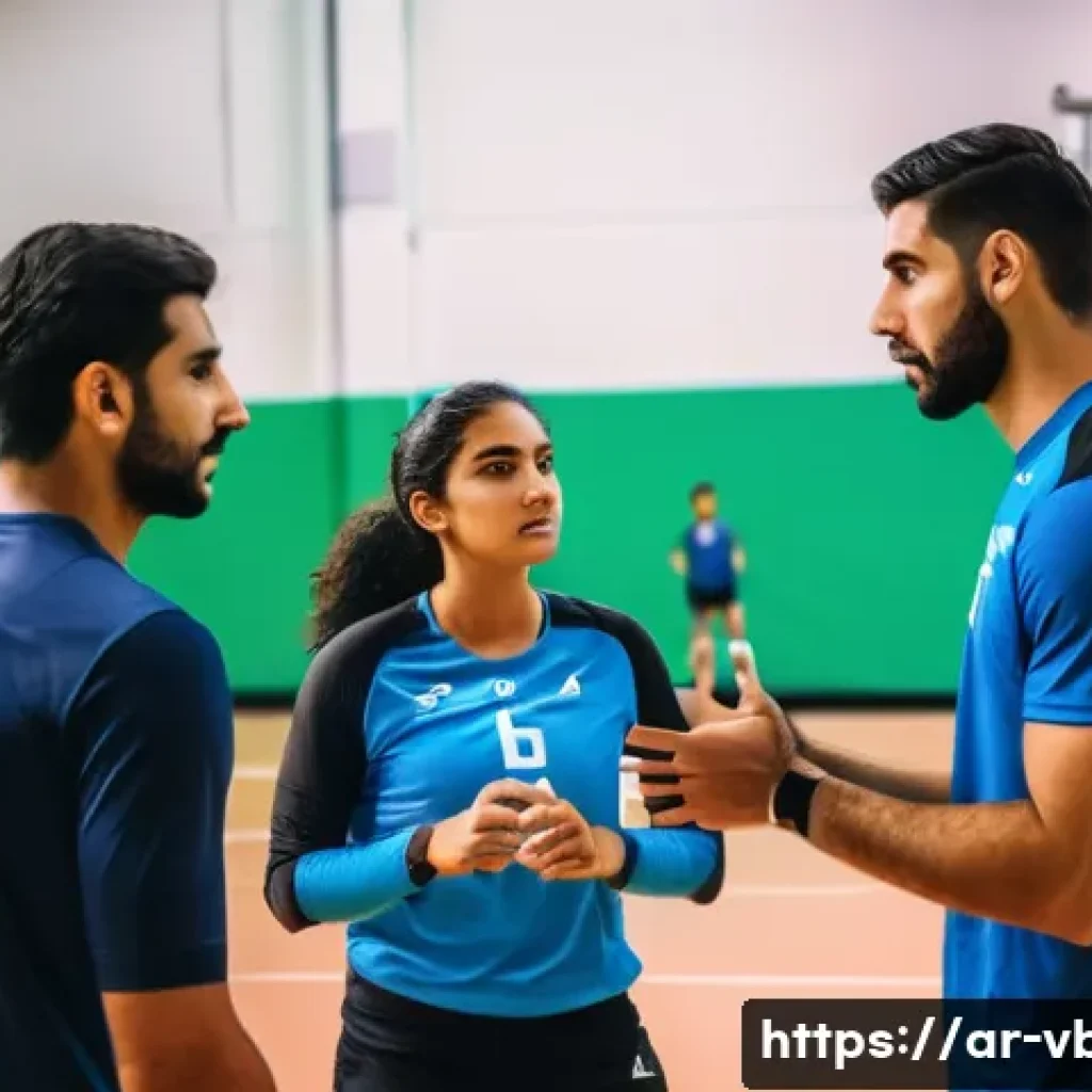 배구 코칭 기법 - A dynamic volleyball training scene featuring a diverse group of Arab male and female athletes weari...