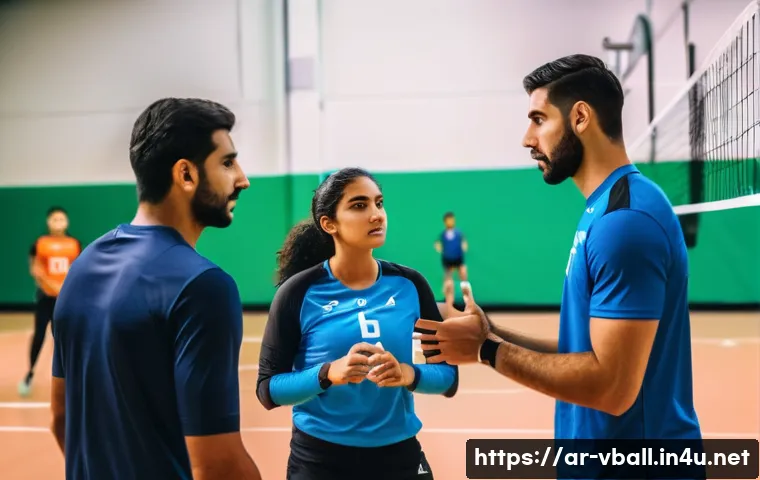 배구 코칭 기법 - A dynamic volleyball training scene featuring a diverse group of Arab male and female athletes weari...