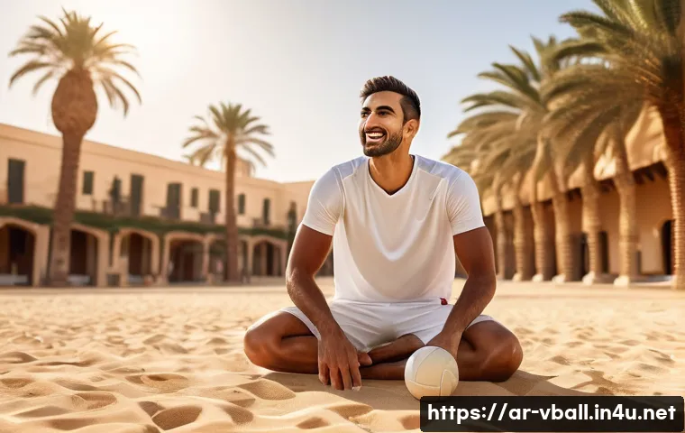 배구 경기 후 재활 프로그램 - A detailed scene showing an Arab male volleyball player in his late 20s performing active recovery a...