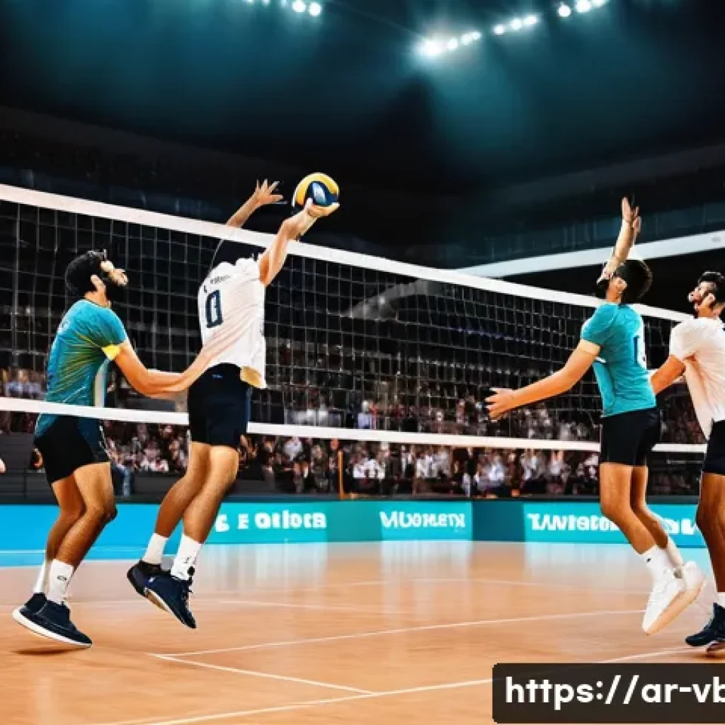 배구 블로킹 잘하는 법 - A dynamic volleyball scene depicting two Arab male athletes performing a synchronized double block a...