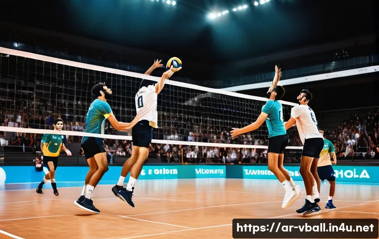 배구 블로킹 잘하는 법 - A dynamic volleyball scene depicting two Arab male athletes performing a synchronized double block a...